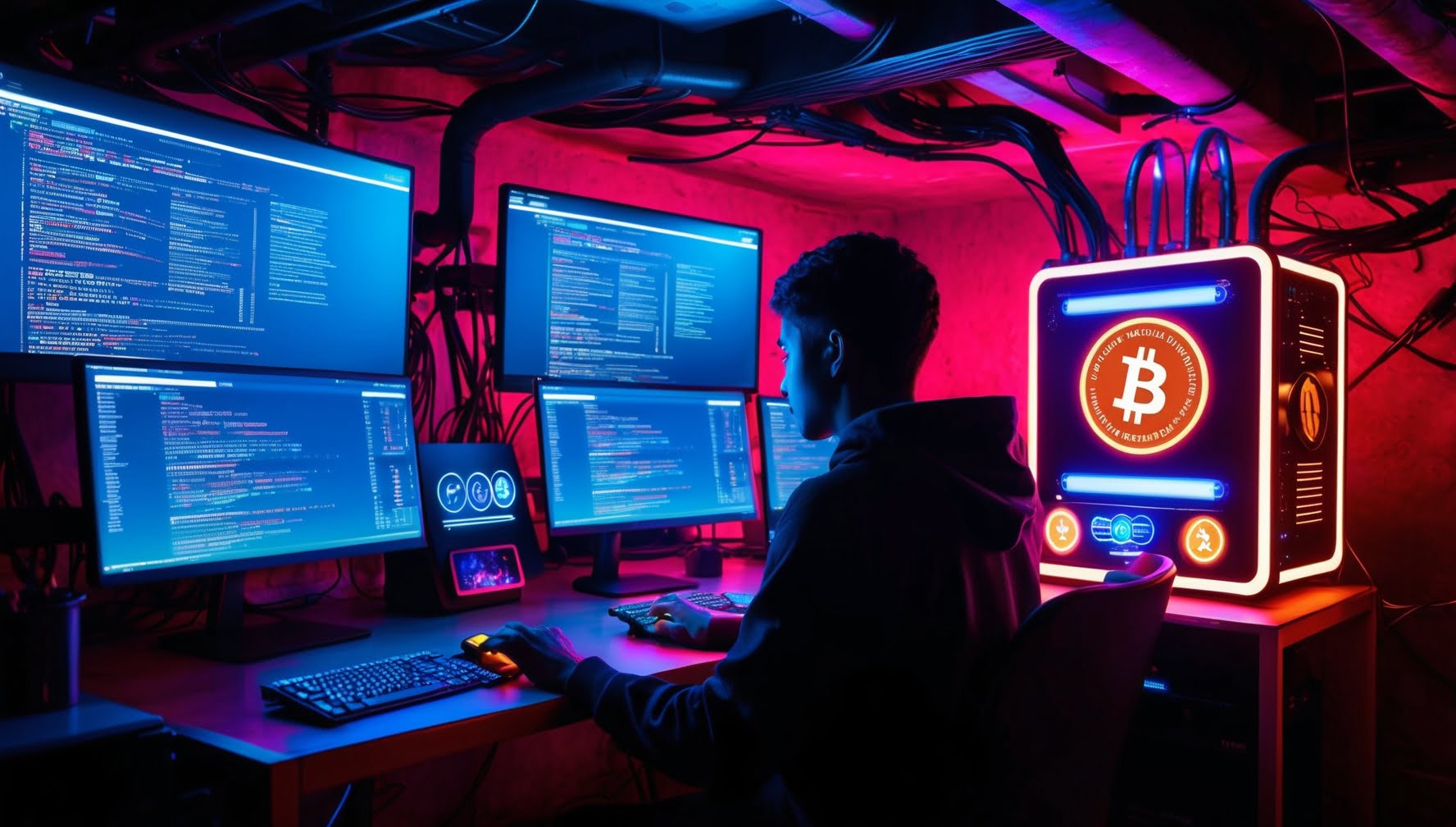 "Cena digital de mineração de criptomoedas com uma figura concentrada em monitores, destacando o ambiente futurista e técnico da mineração de bitcoin."
