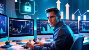 "Trader de criptomoedas concentrado analisando gráficos em múltiplas telas, simbolizando estratégias de investimento em criptomoedas."