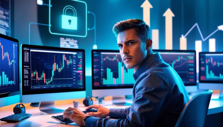 "Trader de criptomoedas concentrado analisando gráficos em múltiplas telas, simbolizando estratégias de investimento em criptomoedas."