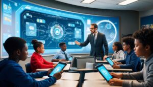 Estudantes utilizando dispositivos de realidade aumentada e virtual em uma sala de aula futurista, guiados por um professor através de um display holográfico, representando a integração da tecnologia na educação.