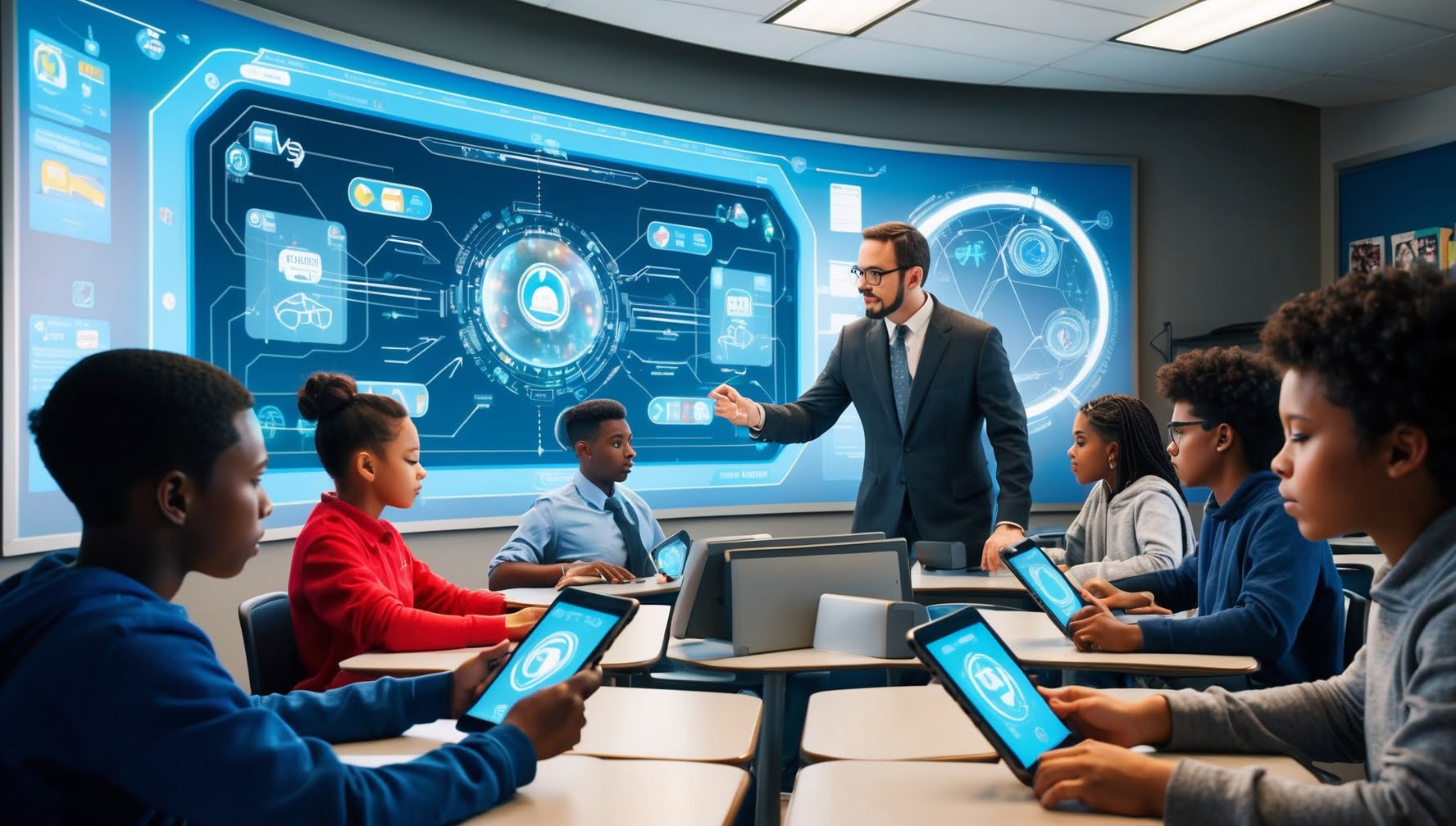 Estudantes utilizando dispositivos de realidade aumentada e virtual em uma sala de aula futurista, guiados por um professor através de um display holográfico, representando a integração da tecnologia na educação.