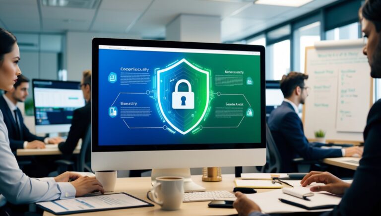 Pequena empresa com ambiente de trabalho focado na segurança cibernética, mostrando profissionais em computadores e uma interface de segurança cibernética no monitor.