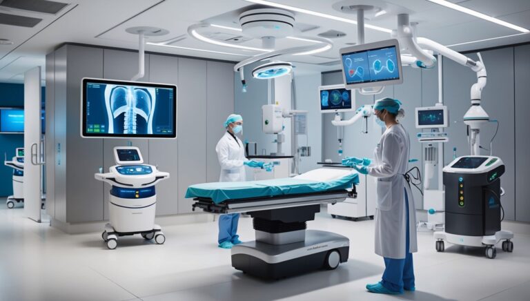 Imagem de um laboratório médico de alta tecnologia com máquinas de diagnóstico avançadas, assistente cirúrgico robótico e ferramentas de realidade virtual para treinamento médico.