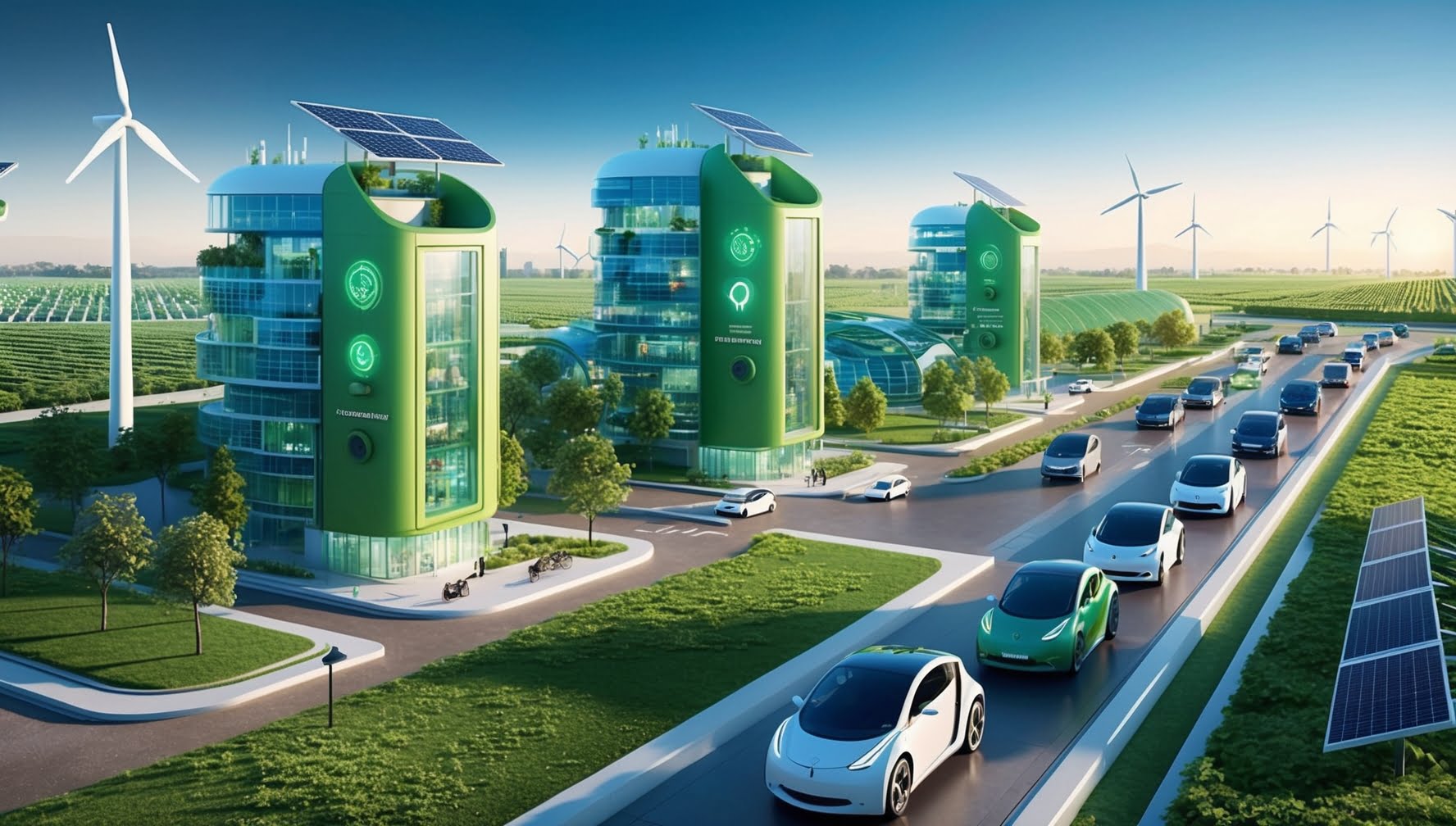Imagem representando a união entre tecnologia e sustentabilidade, mostrando uma cidade inteligente e moderna com edifícios verdes, energia solar eólica, e áreas agrícolas tecnológicas ao fundo.