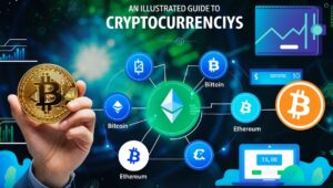 Guia ilustrado sobre criptomoedas com ícones de moedas digitais, gráficos e carteira digital, representando o aprendizado e investimento em moedas digitais."