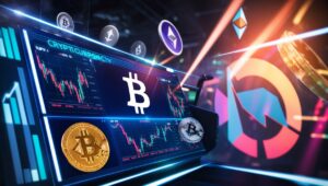 Capa representando a análise de mercado e previsões de criptomoedas, com gráficos e o logotipo do Bitcoin em destaque, refletindo o dinamismo e a volatilidade do mercado cripto.