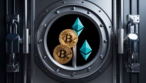 "Imagem de um cofre digital protegido por cadeados cibernéticos, representando a segurança de ativos digitais como criptomoedas, com símbolos de Bitcoin e Ethereum."