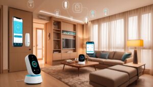 Imagem de uma casa inteligente moderna com dispositivos tecnológicos, como assistentes virtuais e iluminação automatizada, criando um ambiente futurista e aconchegante.