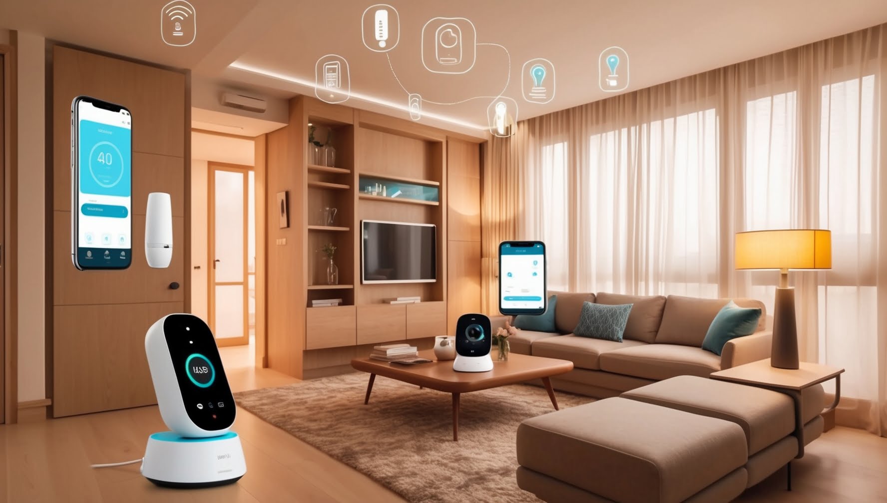 Imagem de uma casa inteligente moderna com dispositivos tecnológicos, como assistentes virtuais e iluminação automatizada, criando um ambiente futurista e aconchegante.