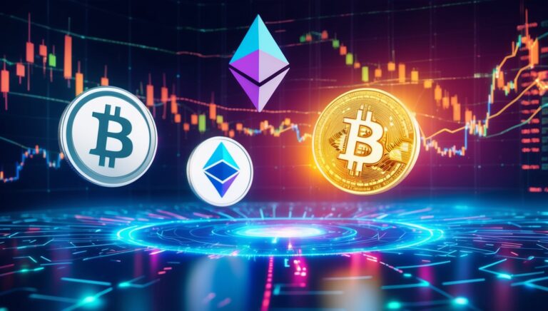 Representação digital do mercado de criptomoedas, destacando Bitcoin, Ethereum e NFTs em um ambiente futurista e vibrante.