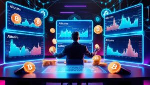 Investidor de criptomoedas analisando gráficos de altcoins em telas holográficas em um ambiente tecnológico e futurista.