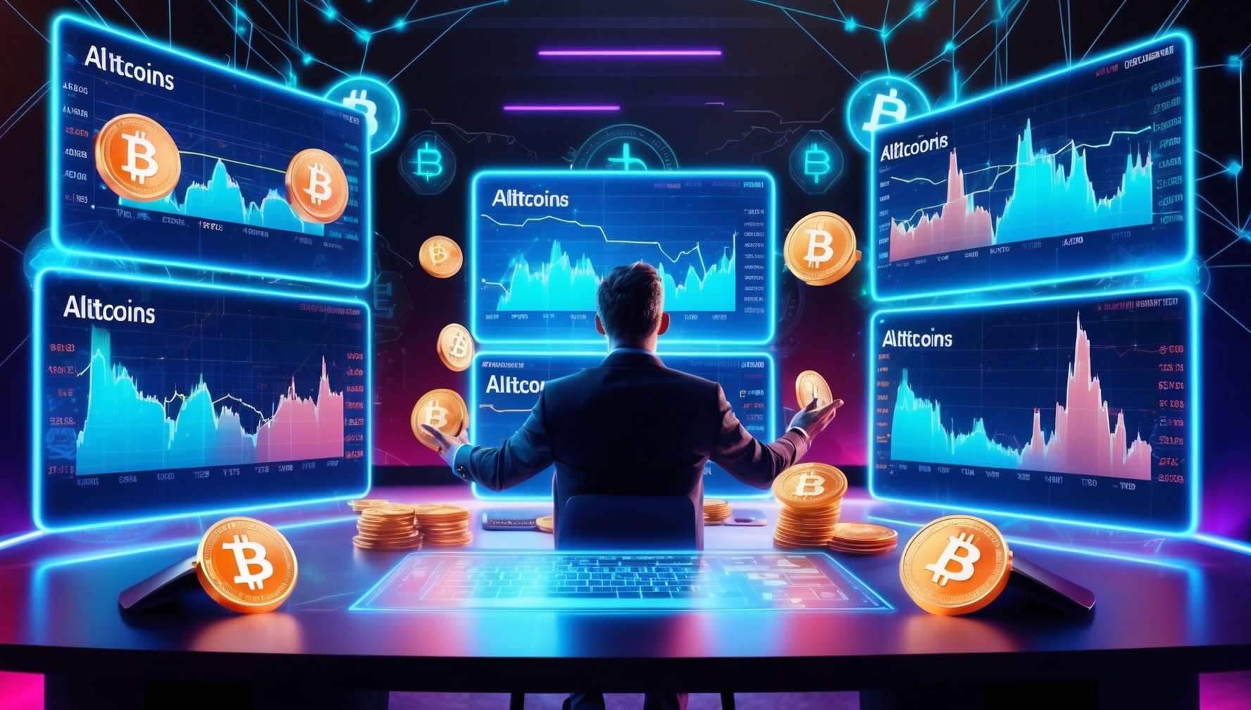 Investidor de criptomoedas analisando gráficos de altcoins em telas holográficas em um ambiente tecnológico e futurista.