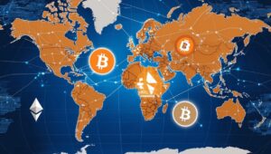 "Imagem de criptomoedas conectando continentes, destacando a adoção global de Bitcoin e Ethereum."