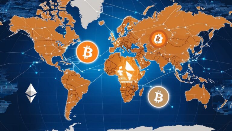 "Imagem de criptomoedas conectando continentes, destacando a adoção global de Bitcoin e Ethereum."