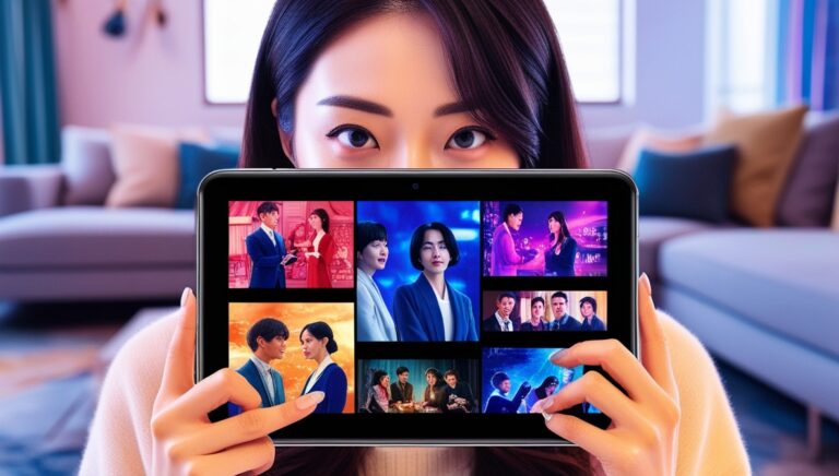 "Mulher assistindo a dramas asiáticos em um tablet, representando a experiência envolvente do app Viki."