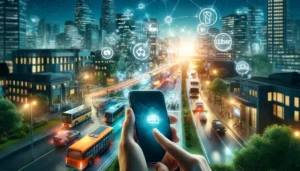 Crie uma imagem ultra-realista,de 1280 x 720 (HD): 921.600 pixels, de uma pessoa usando um smartphone em um ambiente urbano moderno, rodeada de elementos que representam mobilidade urbana, como carros, bicicletas e ônibus. A cidade ao fundo deve ser iluminada, com edifícios modernos e luzes de trânsito. O foco deve estar na tela do smartphone, que mostra os ícones dos aplicativos Uber, 99, BlaBlaCar e Cabify, sugerindo que a pessoa está decidindo qual app usar para sua locomoção.