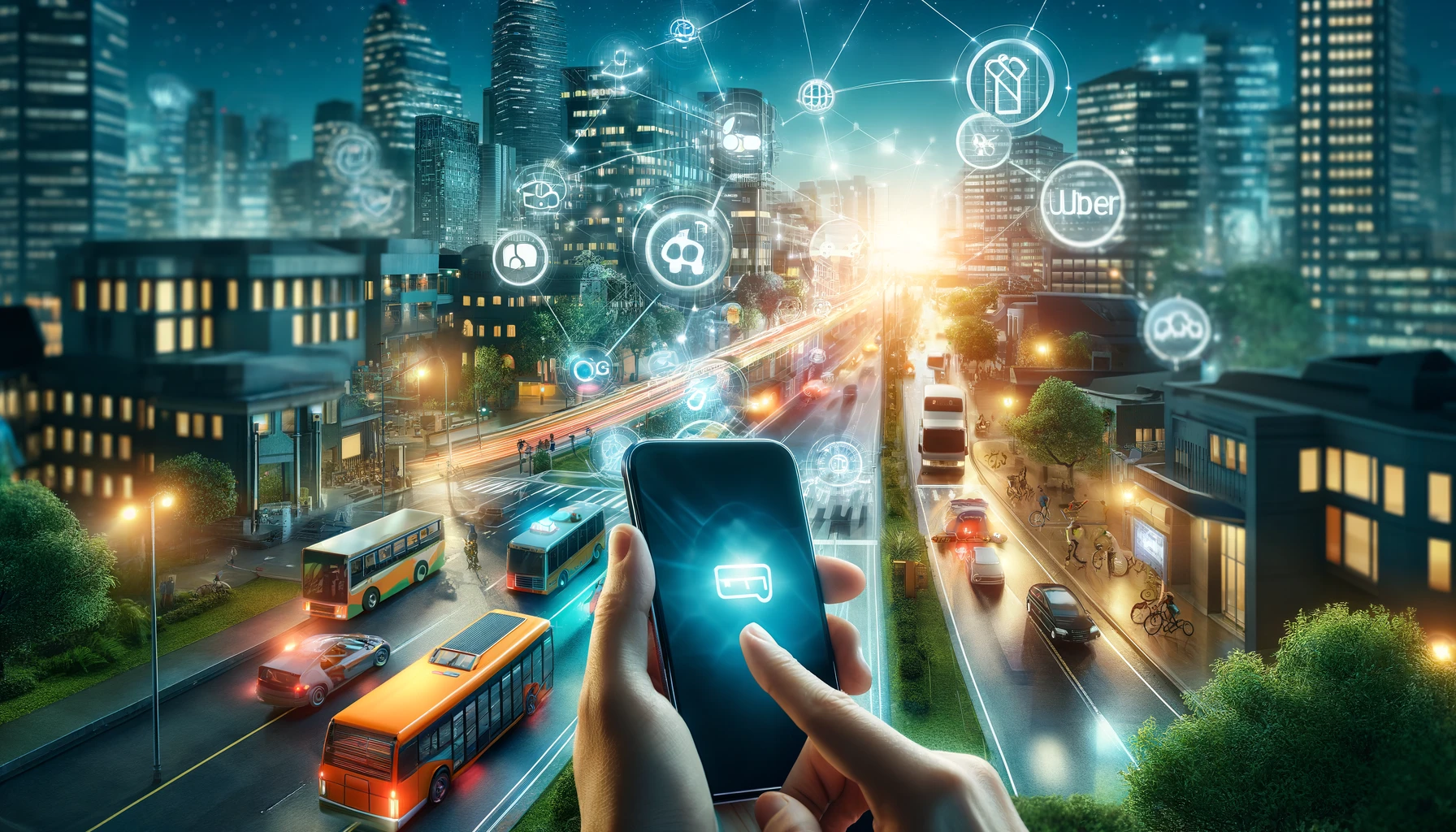 Crie uma imagem ultra-realista,de 1280 x 720 (HD): 921.600 pixels, de uma pessoa usando um smartphone em um ambiente urbano moderno, rodeada de elementos que representam mobilidade urbana, como carros, bicicletas e ônibus. A cidade ao fundo deve ser iluminada, com edifícios modernos e luzes de trânsito. O foco deve estar na tela do smartphone, que mostra os ícones dos aplicativos Uber, 99, BlaBlaCar e Cabify, sugerindo que a pessoa está decidindo qual app usar para sua locomoção.