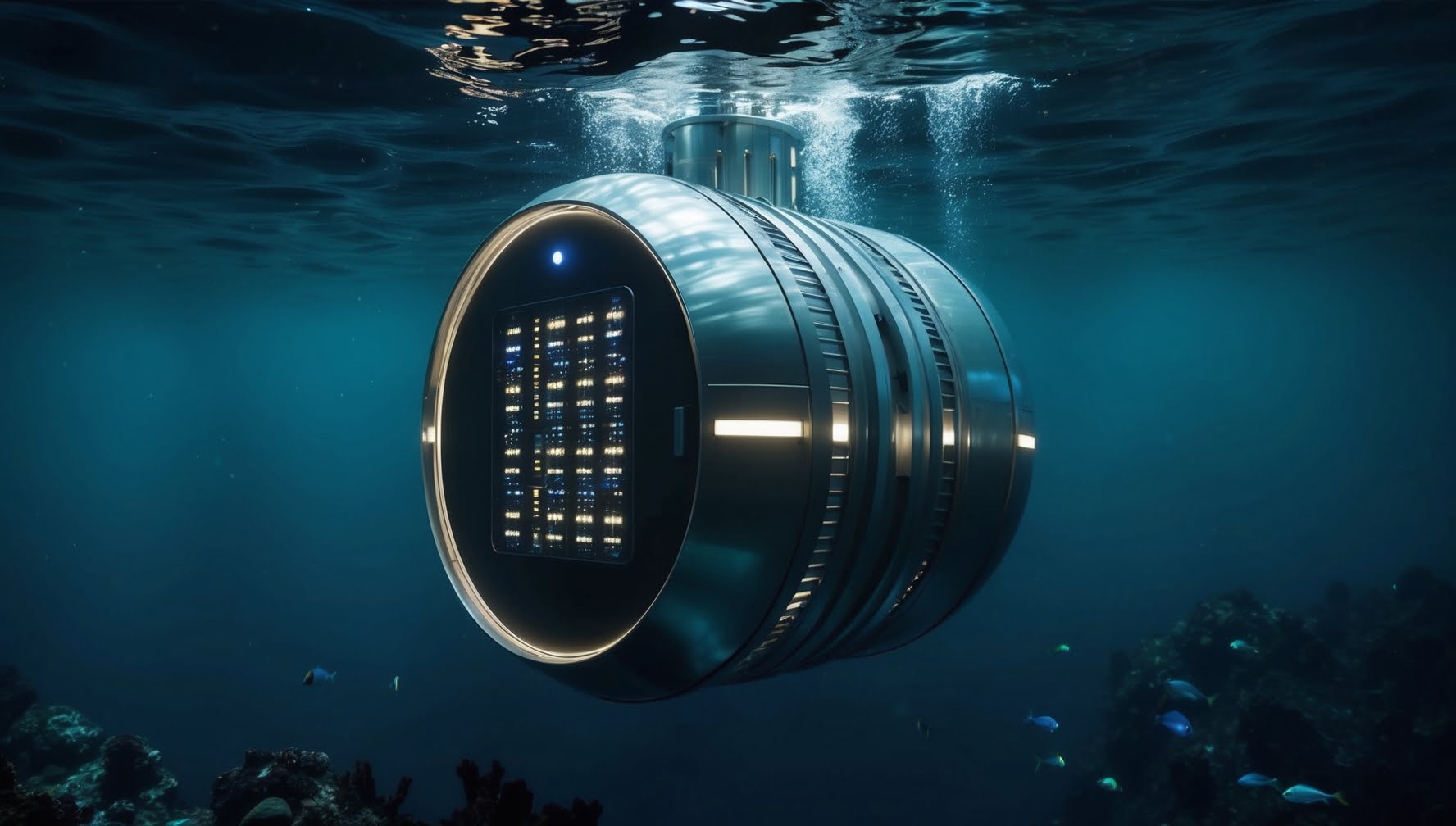 Data center subaquático encapsulado em um cilindro metálico, brilhando no oceano escuro, representando tecnologia avançada e sustentabilidade.