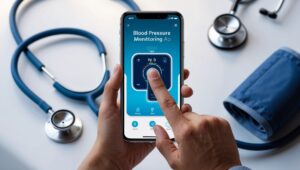 Imagem de um smartphone exibindo a interface de um aplicativo de monitoramento de pressão arterial, com um usuário utilizando o sensor do aparelho.