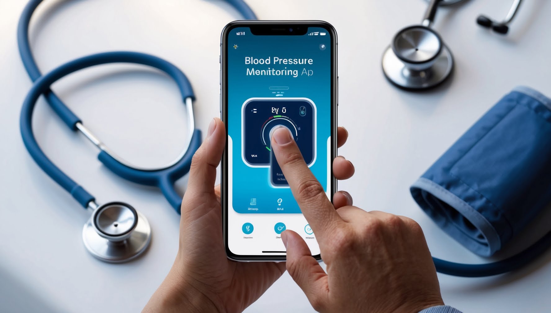 Imagem de um smartphone exibindo a interface de um aplicativo de monitoramento de pressão arterial, com um usuário utilizando o sensor do aparelho.