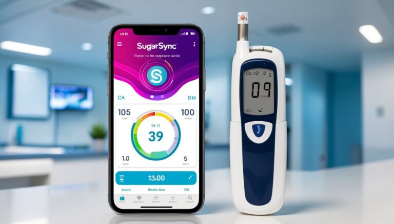 Imagem de um smartphone com o aplicativo SugarSync exibindo leituras de glicose, em um ambiente clínico moderno.