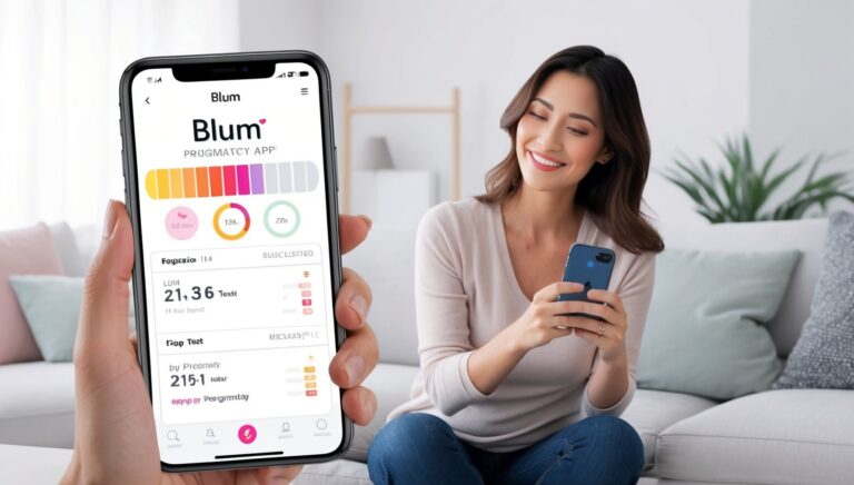 Mulher moderna usando aplicativo de teste de gravidez Blum em seu smartphone, mostrando resultado positivo em ambiente tranquilo.
