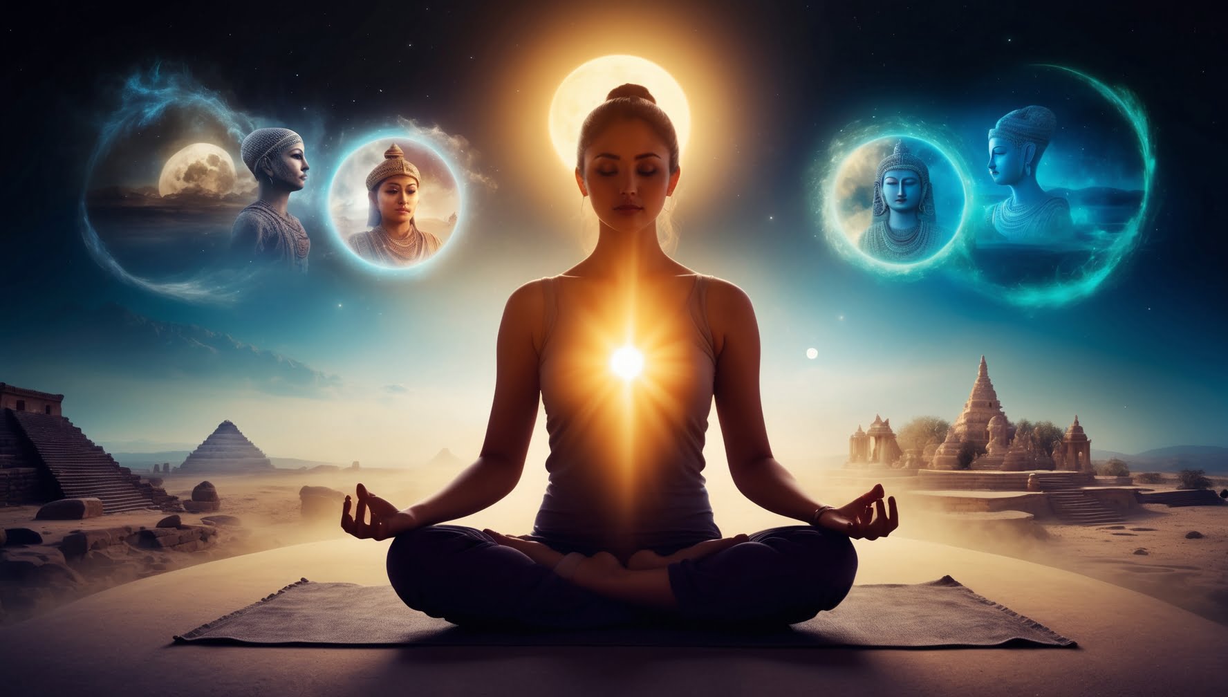 Pessoa meditando sob um céu noturno com imagens de vidas passadas emergindo em uma paisagem mística e espiritual.